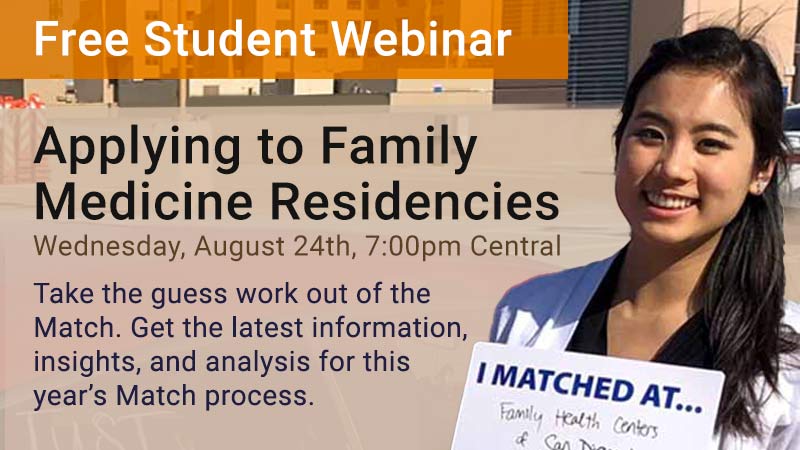 Student holding "I Matched" sign, Applying to Family Medicine Residencies webinar scheduled for Wednesday, August 24 at 7pm Central