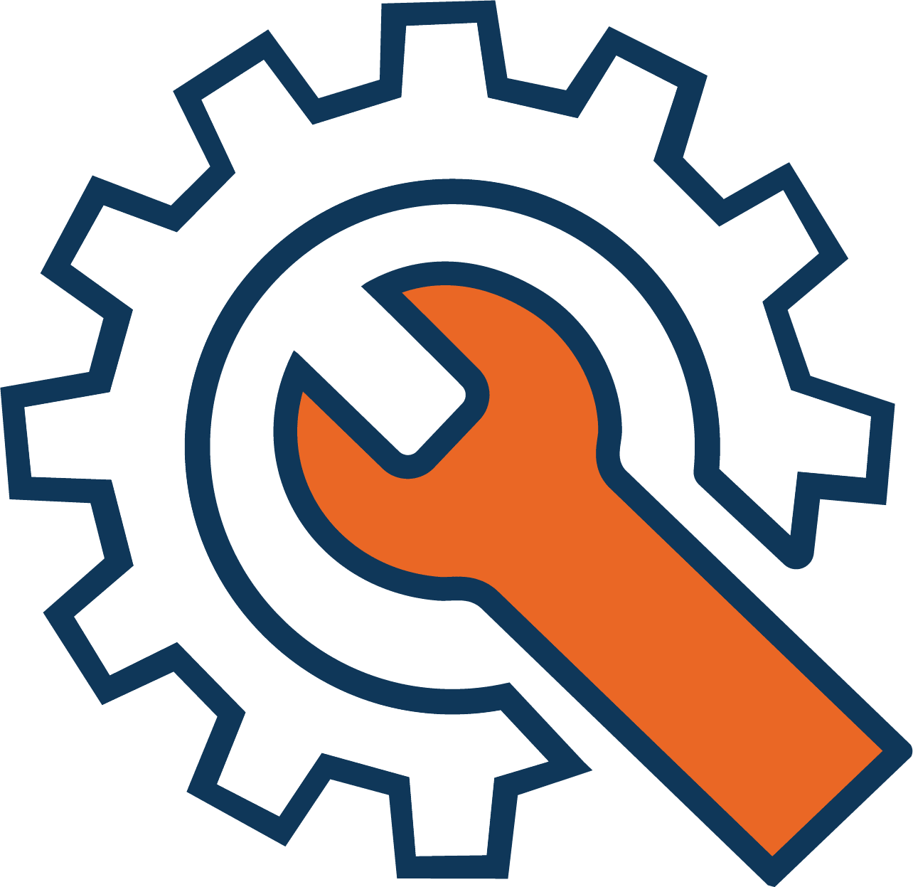 Icon of a wrench crossed with a gearwheel, symbolizing tools and mechanical processes.