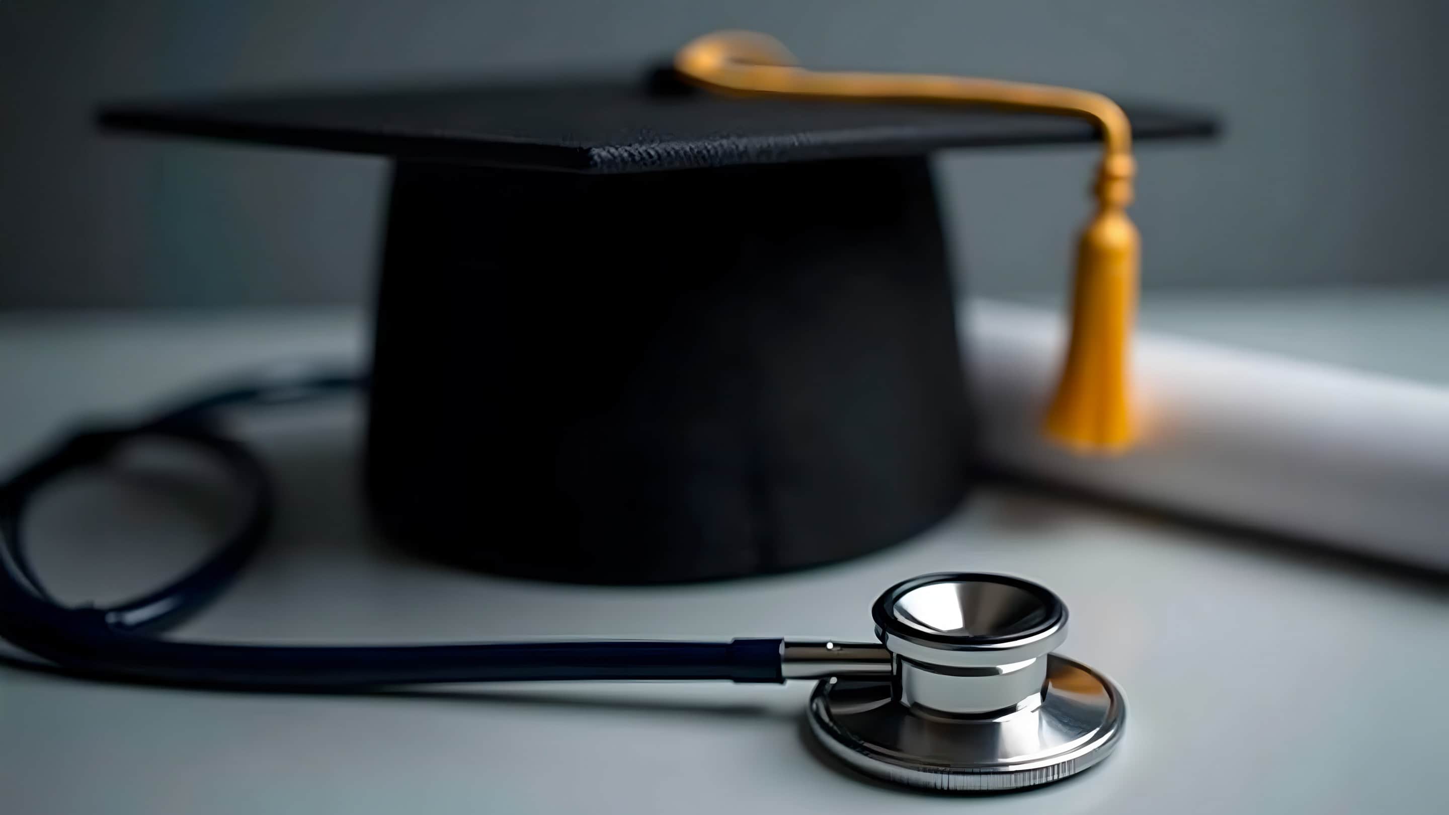 Black Graduation Cap, Stethoscope and Diploma.