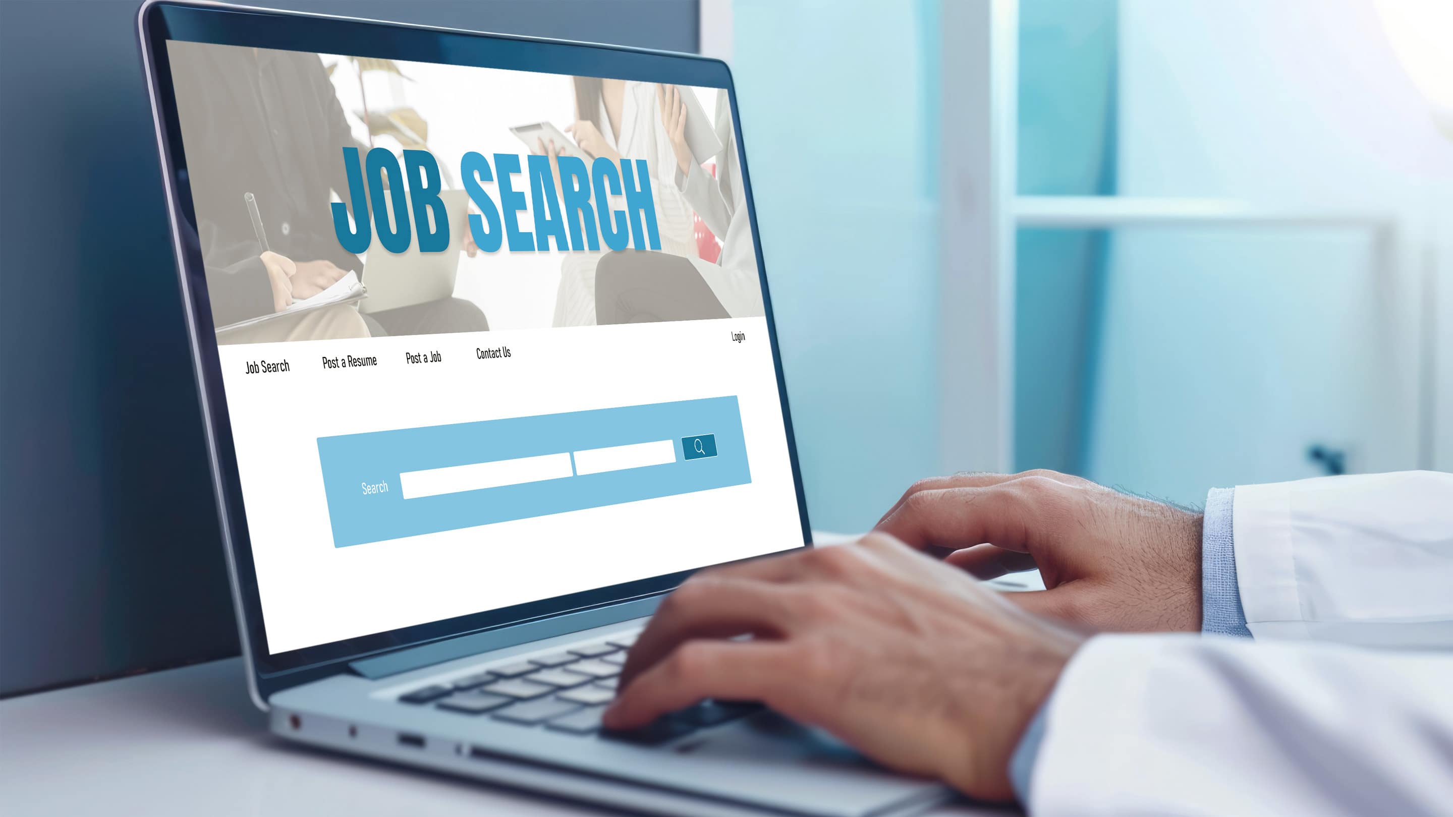 Doctor on a computer looking for a job.