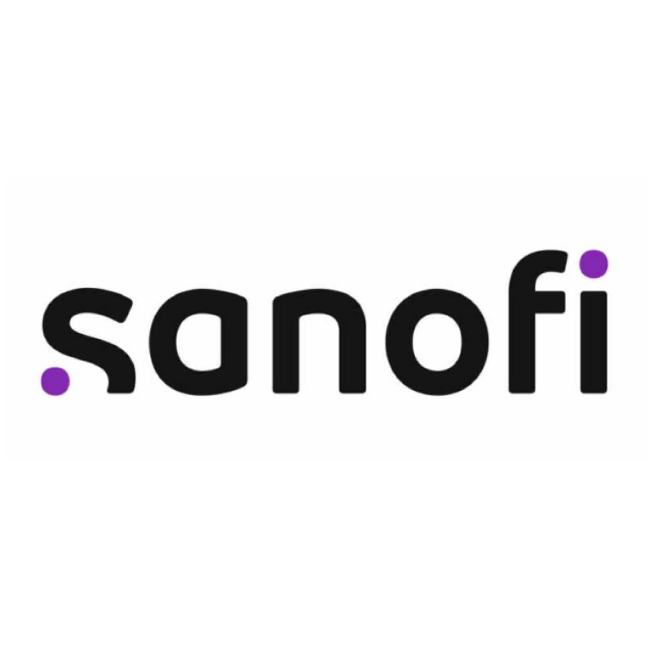Black letters that spell Sanofi with two purple dots