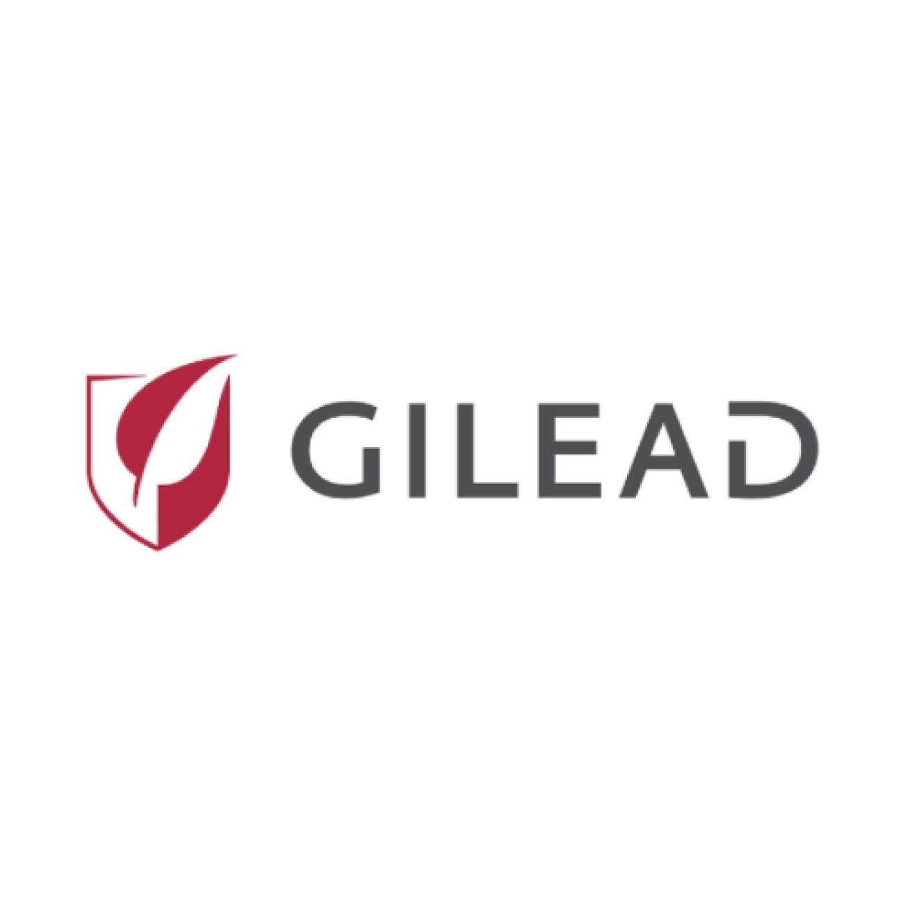 The Gilead logo has a maroon leaf beside black letters. 
