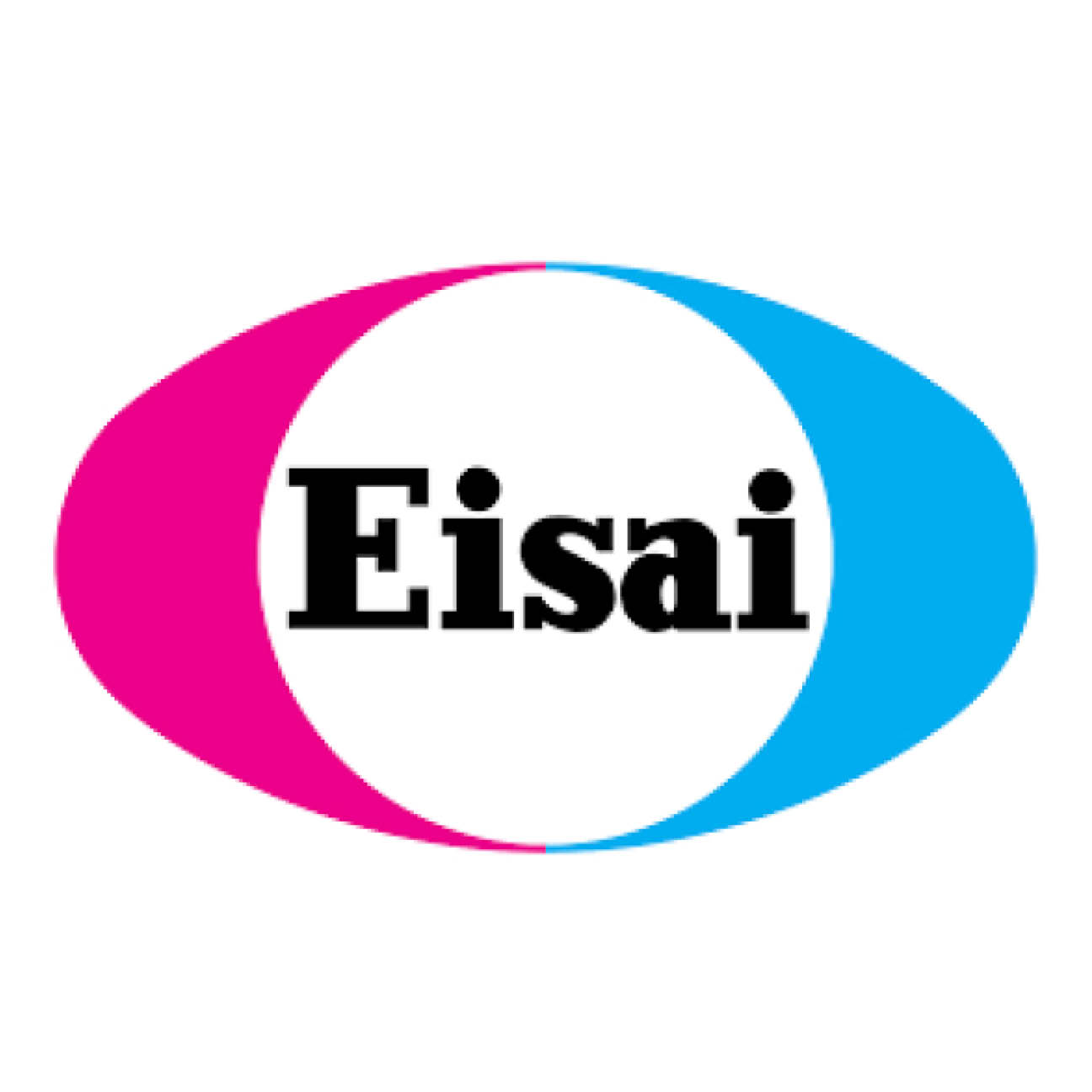 The words Eisai are at the center of a pink and blue ellipse design. 