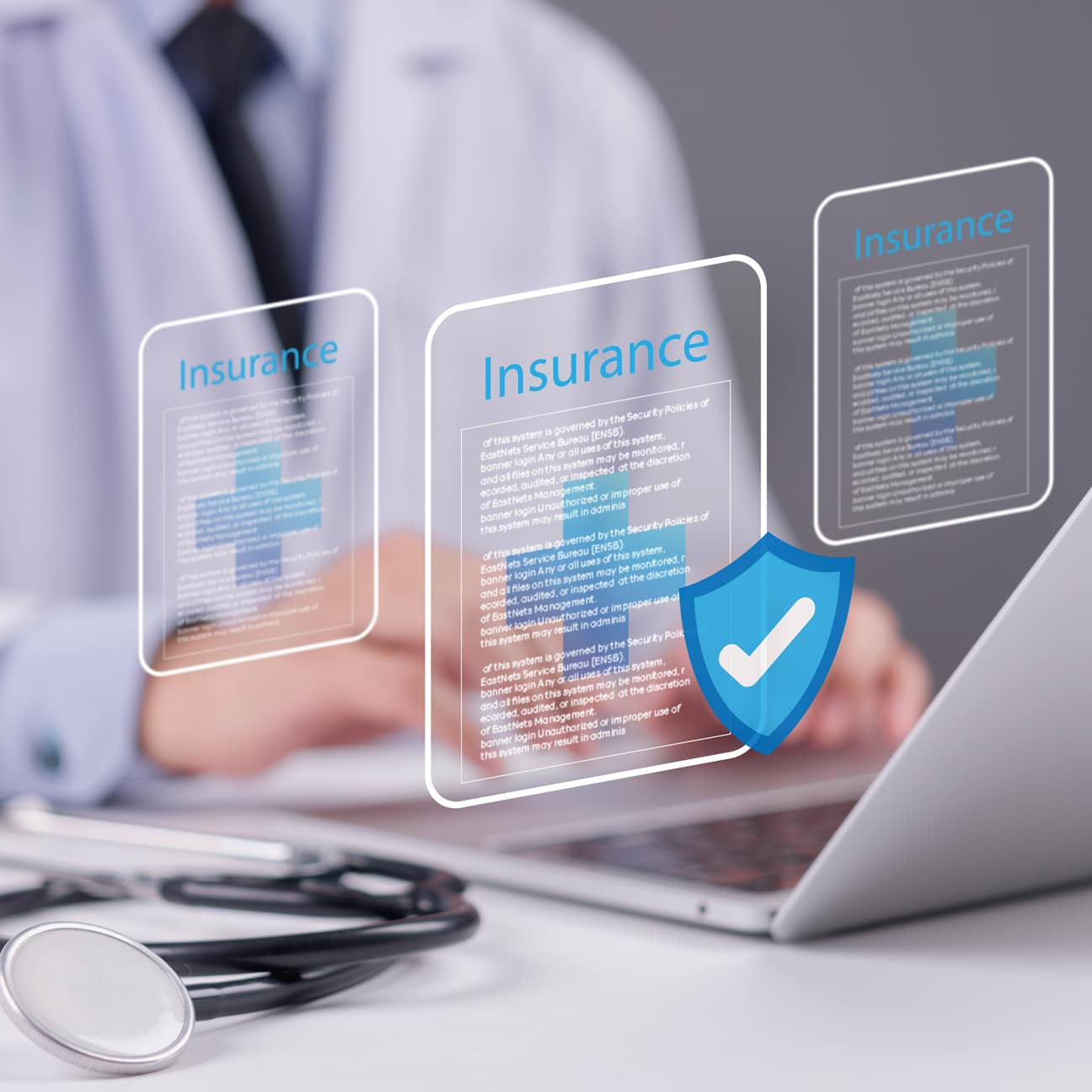Physician reviewing patient coverage documents.