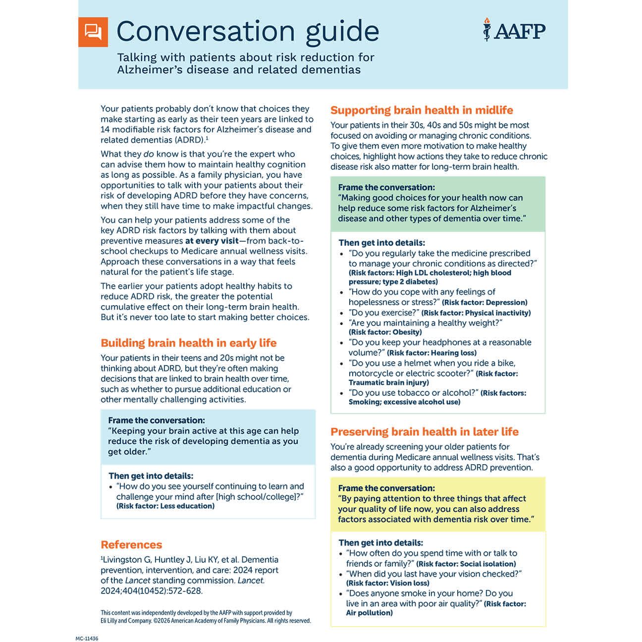 The patient conversation guide about risk reduction for dementia and ARDR.