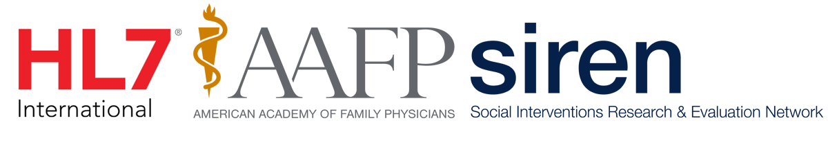 The corporate logos of the following organizations: HL7 International, AAFP American Academy of Family Physicians, SIREN: Social Interventions Research & Evaluation Network lined up in a horizontal row.