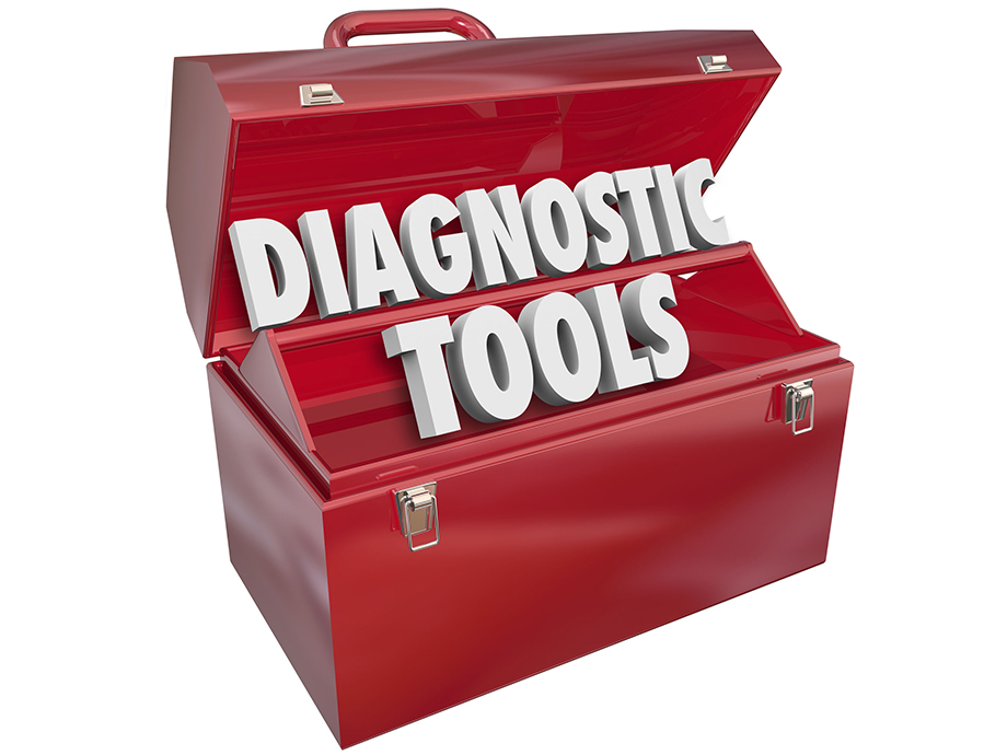 26271388 - diagnostic tools words in metal toolbox to illustrate using skills and resources to fix a problem or repair a problem