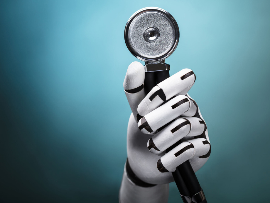 Close-up Of A Robot's Hand Holding Stethoscope On Colorful Background