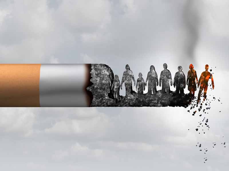 Smoking and society smoker death and smoke health danger concept as a cigarette burning with people falling as victims in hot burning ash as a metaphor causing lung cancer risks with 3D illustration elements.