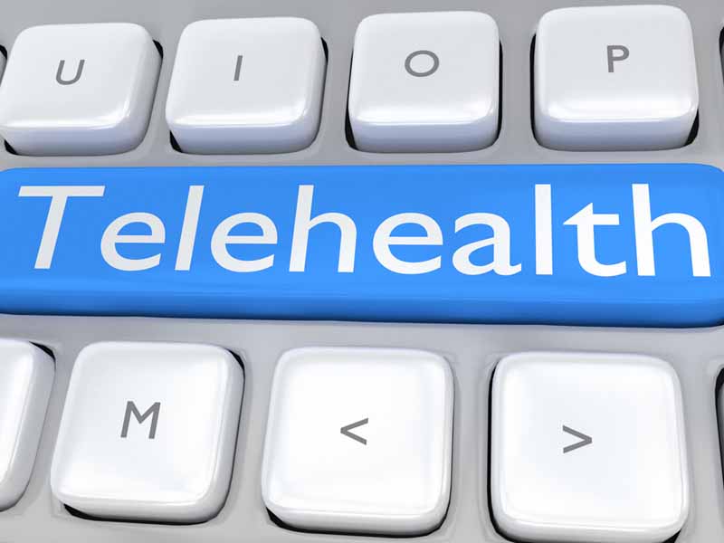 3D illustration of computer keyboard with the script "Telehealth" on pale blue button. Remote service concept.