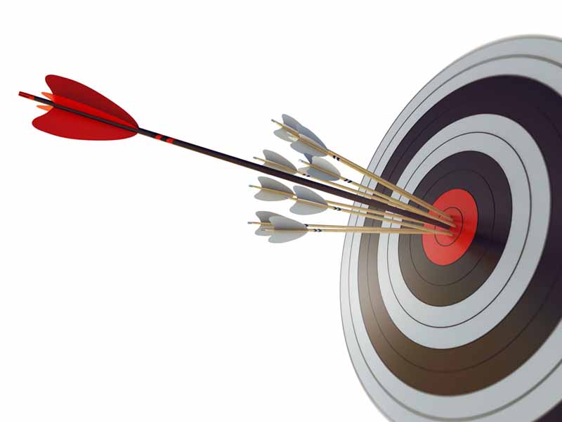 Target hit in the middle by arrow. Business concept of success. Isolated on white background. 3D Rendering