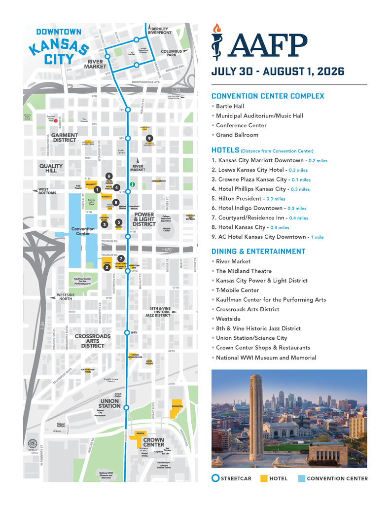 Kansas City map showing hotels, attactions, street car close to the convention center