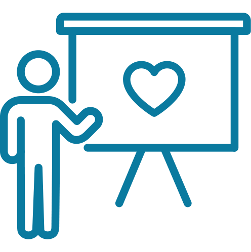 Outline of person at board with heart icon in blue