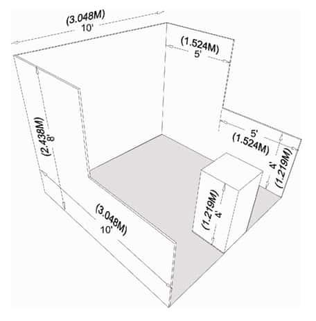 An illustration of a 10 foot by 10 foot linear booth, showing the back closed with an 8 foot high drape. The sides of the booth are 8 feet high for 5 feet from the back, and 4 feet high from the midpoint to the open front of the booth.
