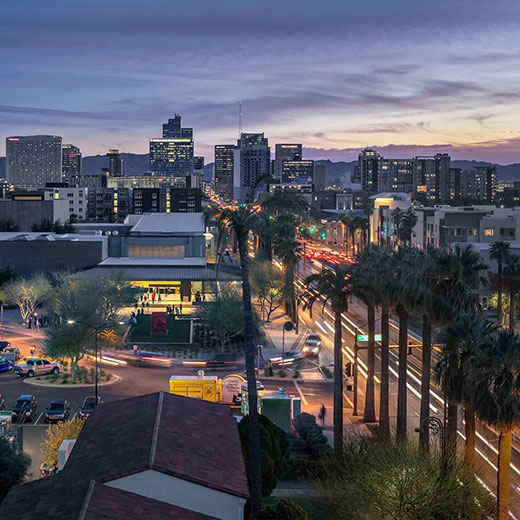 Downtown streets of Phoenix at dusk