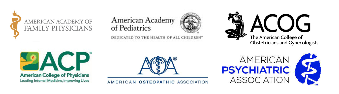 Official logos for the following organizations: American Academy of Family Physicians, American Academy of Pediatrics, American College of Obstetricians and Gynecologists, American College of Physicians, American Osteopathic Association, American Psychiatric Association lined up in two rows with three logos on each