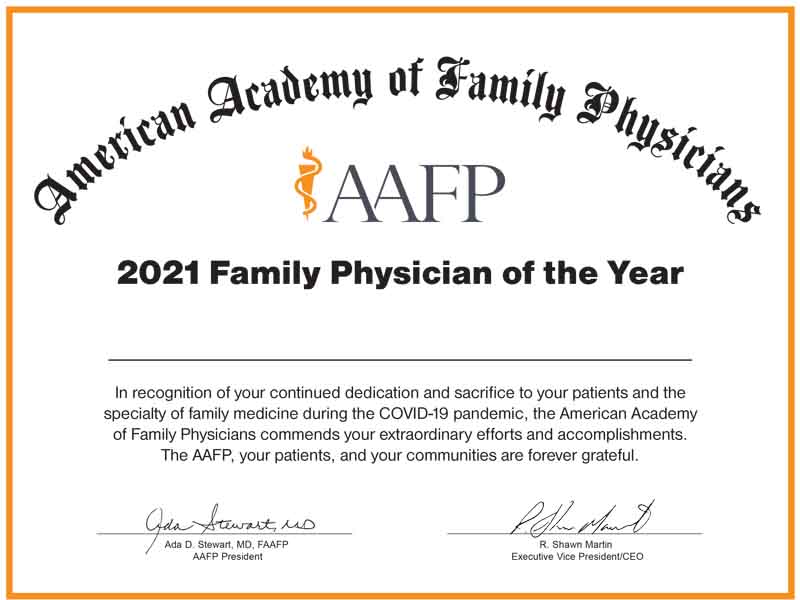Family Physician of the Year certificate