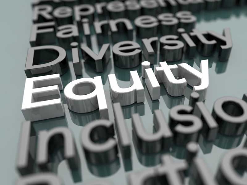 Closeup of word Equity in list that includes Fairness, Diversity, Inclusion