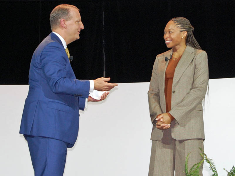 Eleven-time Olympic medalist Allyson Felix spoke with AAFP EVP and CEO Shawn Martin during her main stage event at the 2023 Family Medicine Experience on Oct. 27