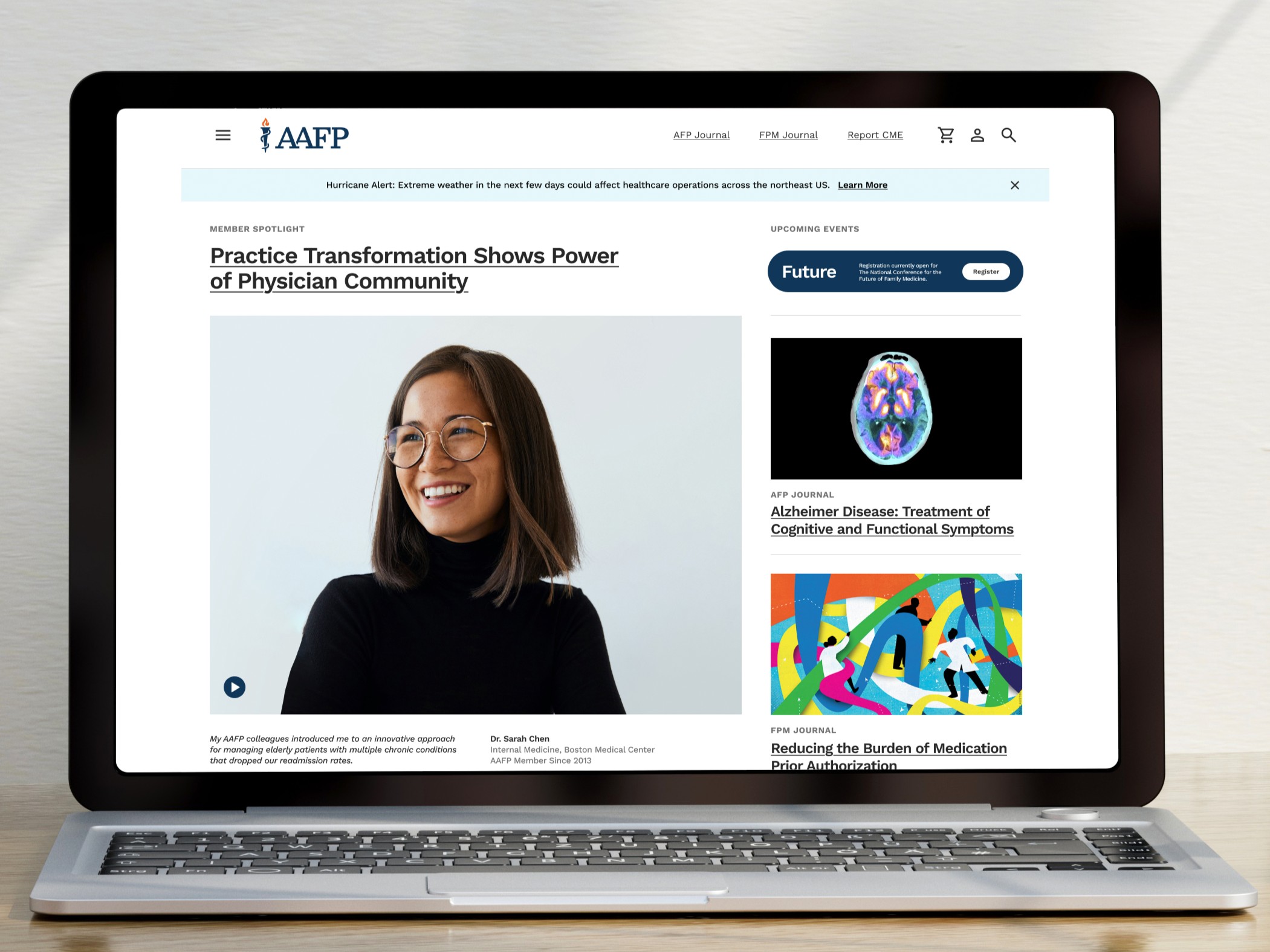 Laptop computer showing AAFP.org website.